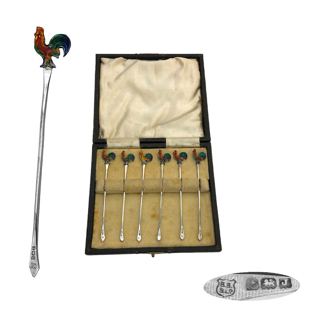 6 Silver And Enamel Cocktail Sticks 1933